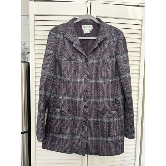 WORTH Wool/Silk Purple White Red Plaid Button Coat, Size 16 - Picture 1 of 8